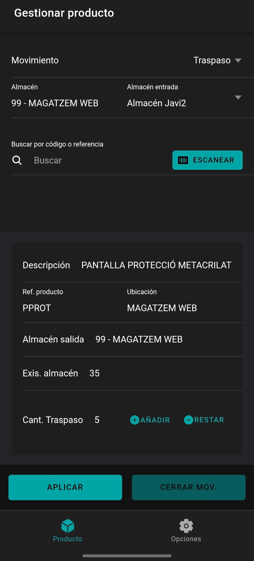 Ejemplo: traspaso entre almacenes